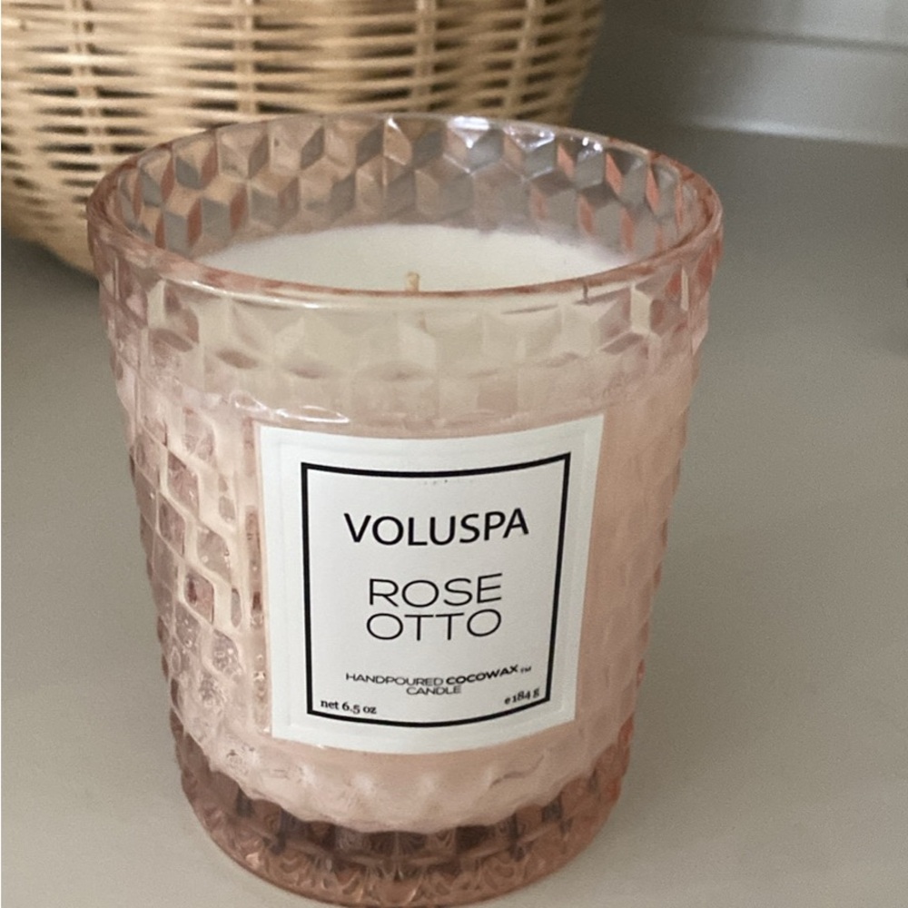 Voluspa Rose Otto Candle in Pale Pink Textured Glass